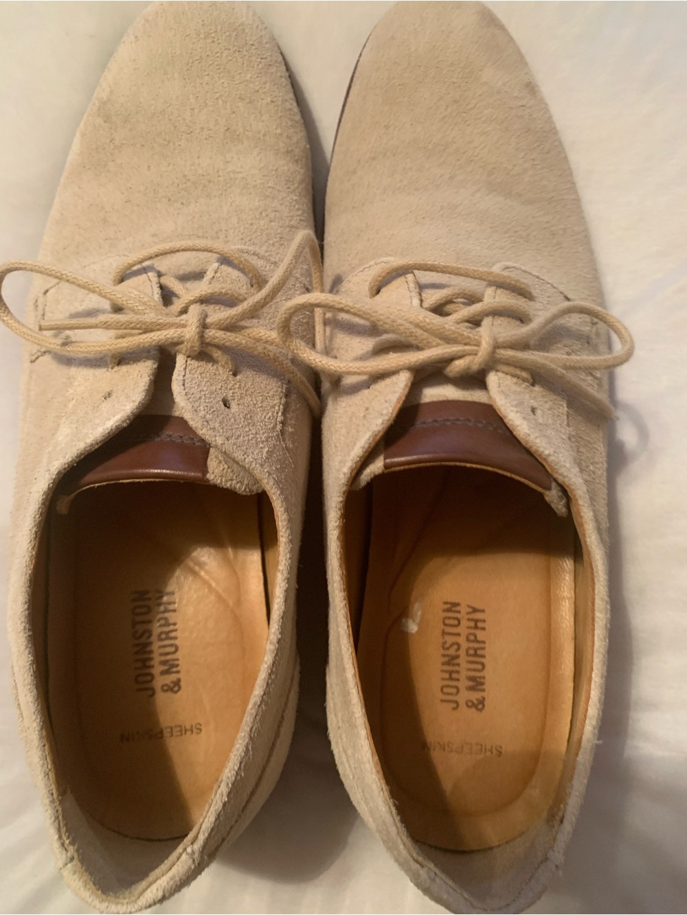 Johnston & Murphy Beige Suede Derby Shoes with Brown Heel Accent